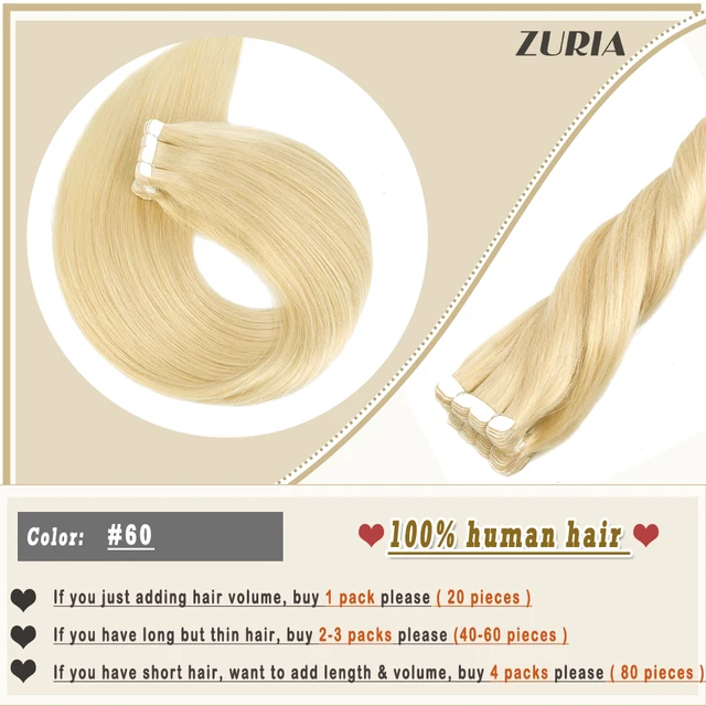 ZURIA Mini Tape In Hair Extensions Machine Remy Natural Hair Extensions Human Hair Straight 20 Inchs Seamless Adhesive Skin Weft 60A