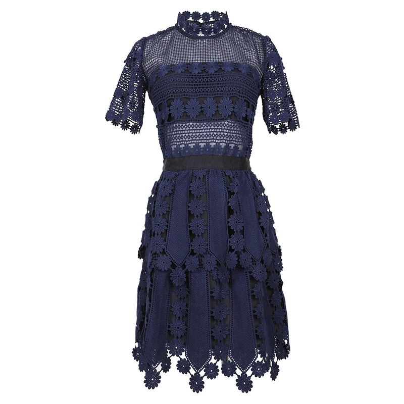 VERDEJULIAY Runway Lace Dress Summer Spring Luxury Blue Hollow Out Flower Embroidery High Quality Mini Dress Vestidos