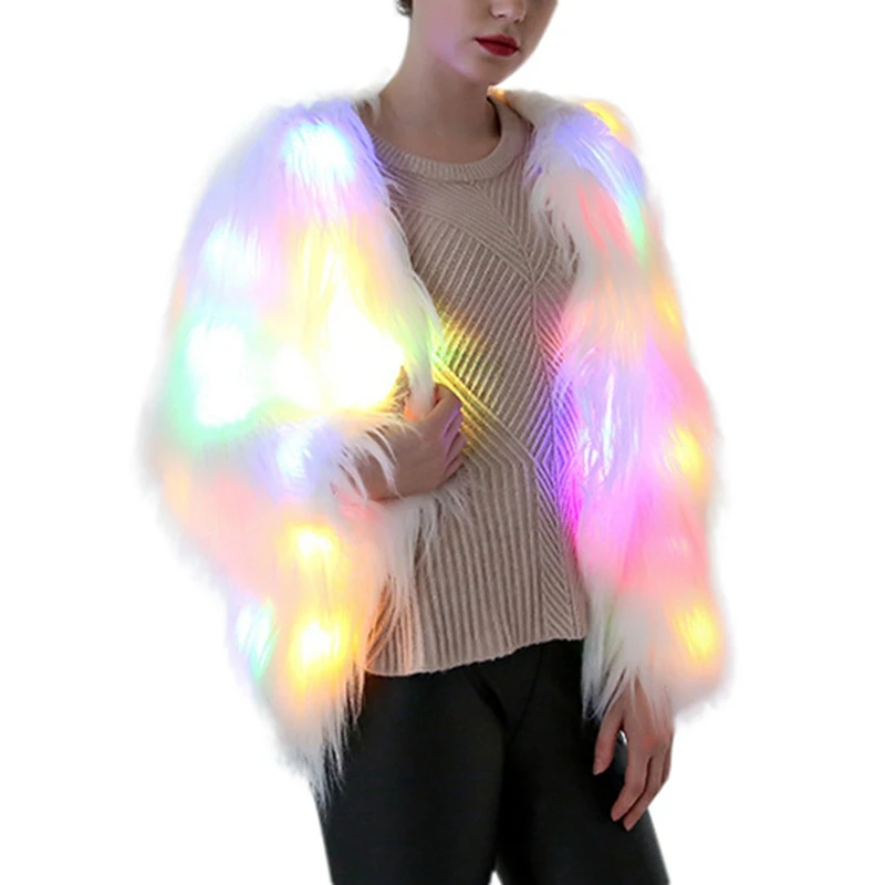 

2019 Fur Coat Women Winter European American Fashion Faux Fur Illuminated Loose Long Sleeves Coat Female All-match Jacket x