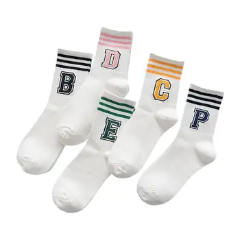 

5 Pairs Japanese Women Ankle Socks Harajuku Letters B/C/D/E/P 3 Stripes Hosiery