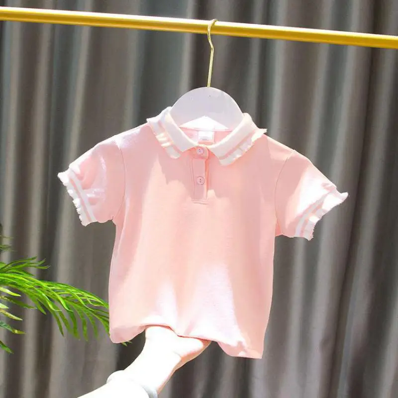 Pink Polo T Shirts For Baby Girl Short Sleeve Polo Shirts Lace