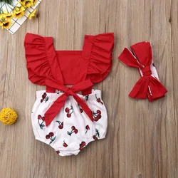 Tenue 2 pièces pour nouveau né fille, barboteuse cerise + bandeau, vêtements d'été à volants, dos nu 