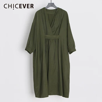 

CHICEVER Dresses Female V Neck Batwing Long Sleeve Oversized Midi Dress For Women Casual Fashion 2020 Spring Clothes New
