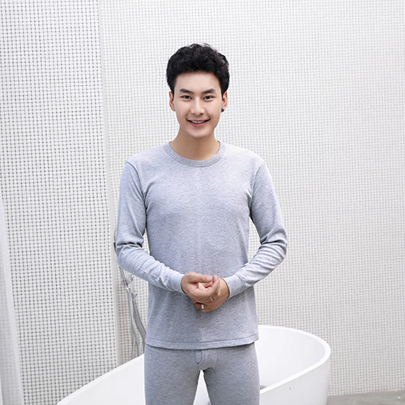 80% OFF Casual Man Underwear Middle Collar Medium Pure Color Suit Shirt + Pants 2 Piece Set Warm Thick Plus Velvet Clothes SuitPlease