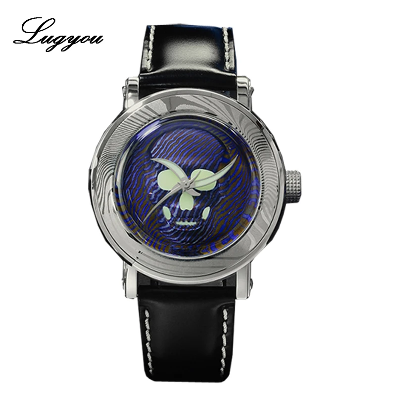 

LUGYOU San Martin Skull Men Watch Damascus Steel Stylish Automatic Wristwatch Skeleton Back Ninjia Flying Sworo Hands Limited