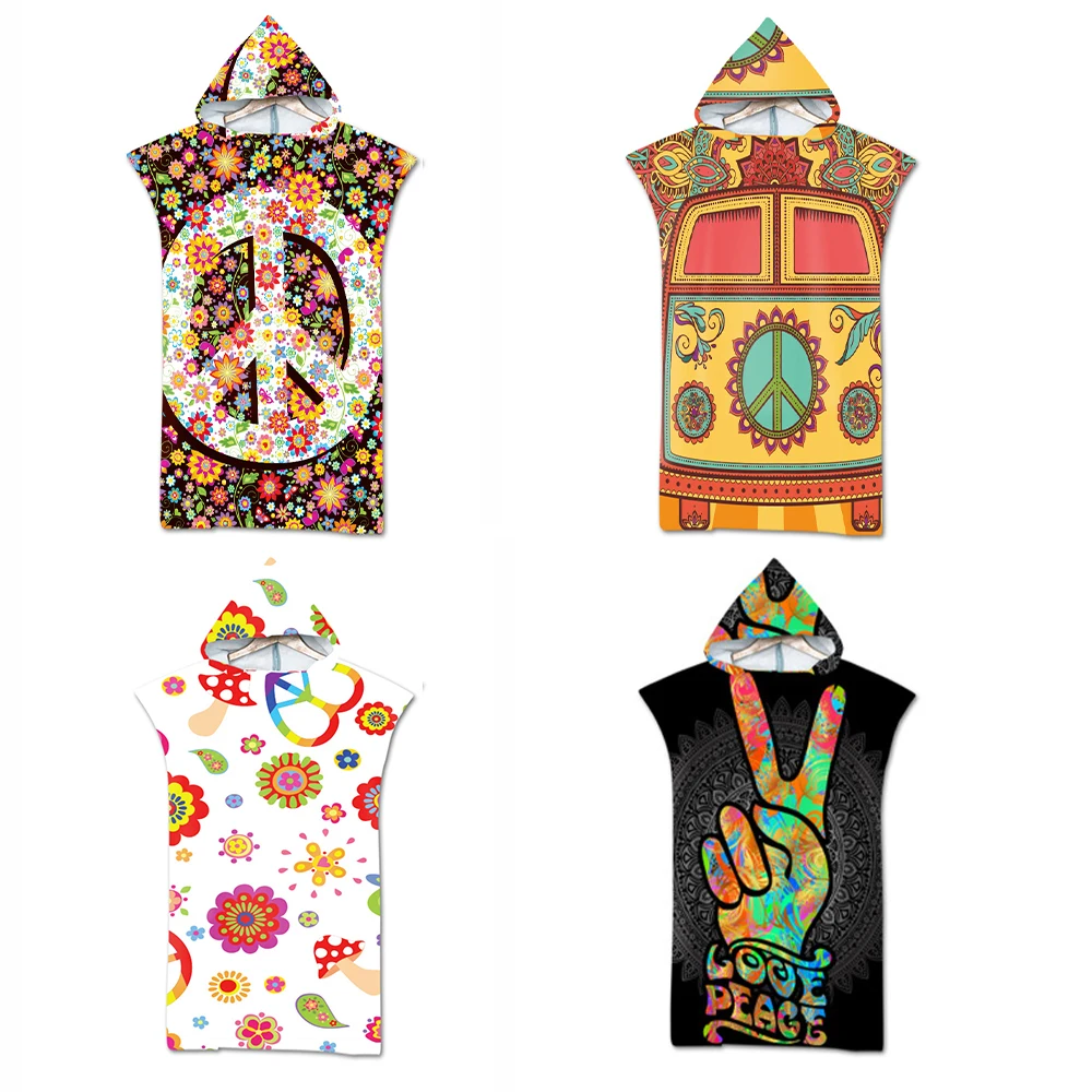 Adult Kids Microfiber Quick Drying Peace and Love Pattern Absorbent Hooded Beach Bath Towel Diving Suit Changing Robes Poncho