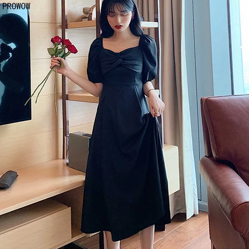 2020 Summer Puff Sleeve Dress Female French Retro Chiffon Bow Square Collar Dress Korean Elegant Party Ladies Waist Midi Dresses