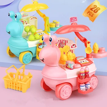 

28Pcs/Set Cartoon Snail Ice Cream Cart Fruit Juice Drink Cashier Lollipop Trolley Toys Children Pretend Play Simulation Toys