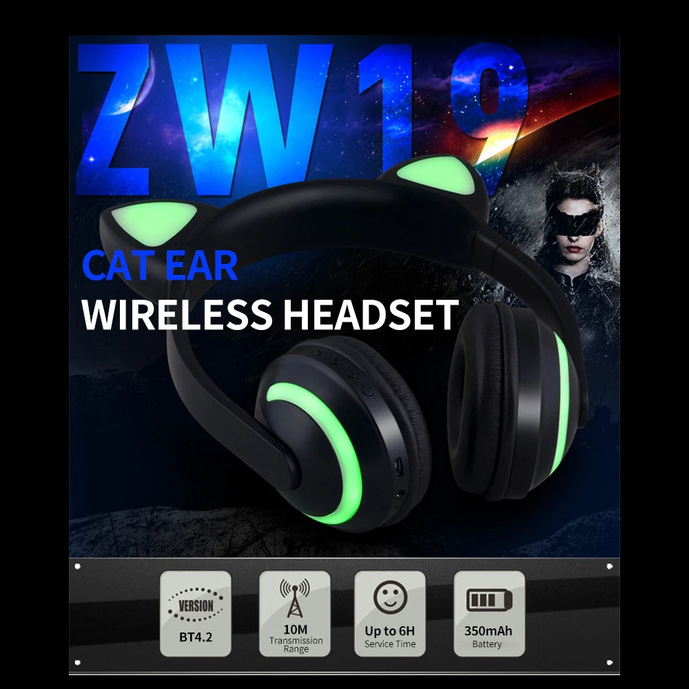 LED Cat Ear Headset Bluetooth Headphone RGB 7 Color Lights Noise Cancelling Headphones BT 4 2 Kids Earphone Supports 3 5mm Plug