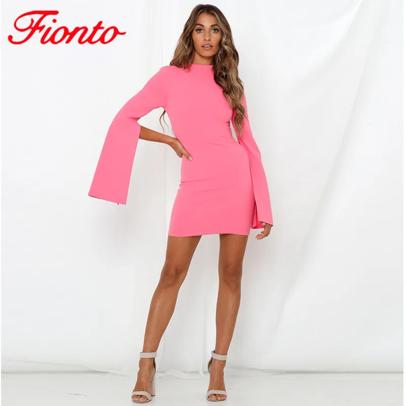 

2019 Autumn Winter Round Neck Backless Split Flare Sleeves High Waist Bag Hip Pencil Women's Fashion Solid Mini Dress AN1170