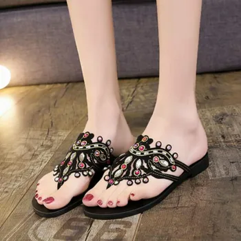 

Women Sandals Colorful Rhinestone Flip-Flops Summer New Roman Flat Heel Wear Breathable Hollow PU Leather Slip on Female Shoes