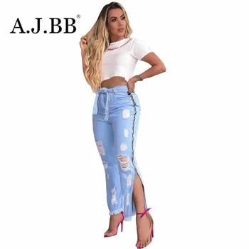 

2020 new sexy solid color perforated jeans fashion slim high waist lace up women's Leggings