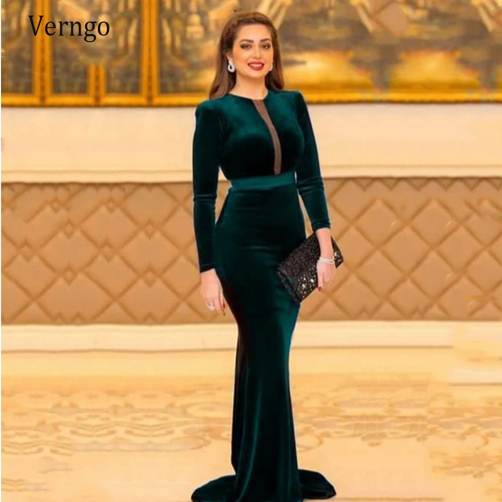 

Verngo Green Velvet Evening Dresses Long Sleeves Mermaid Formal Dress 2020 Simple Elegant Special Occasion Gown Party Dress