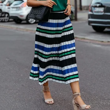 

Striped Summer Pleated Skirts Women 2020 A Line Casual Lady Work Wear Skirts