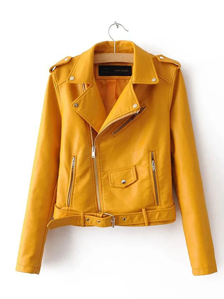 2019New Casual PU leather jacket for Spring and Autumn Yellow Korean version leisure locomotive leather jacket coat - Цвет: Yellow
