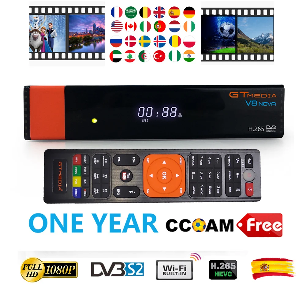 

GT Media V8 Nova DVB-S2 Freesat Satellite Receiver V8 Super H.265 WIFI 1 Years Europe Spain PT DE PO CCcam TV decoder HDMI 1080p