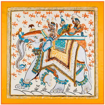 

POBING 100% Silk Scarf Luxury Indian Elephant Print Neckerchief Headscarf Square Scarves Lady Foulard Female Bandana 100*100CM