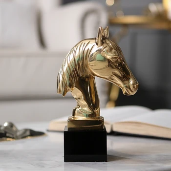 

Home Decor Accessories Golden Horse Head Figurine With Black Crystal Base For Living Room Ornament Objects Brass Art Sculpture