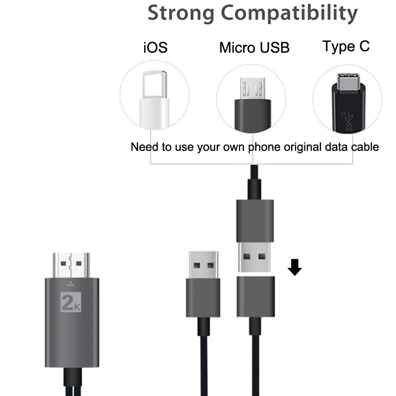 2K Micro usb type C IOS Android экран телефона зеркалирование литой кабель для iPhone iPad huawei samsung LG подключение к HDMI ТВ проектор