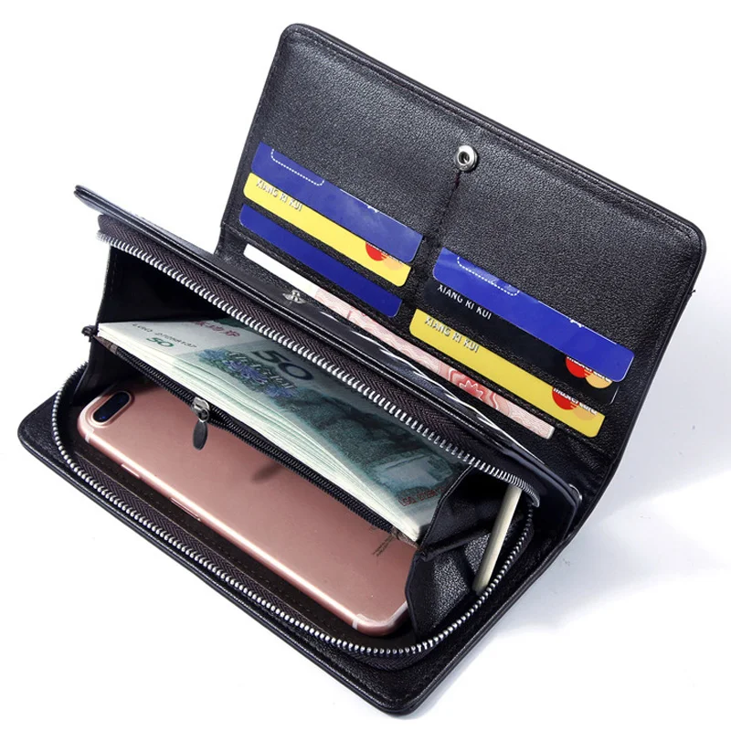 New Long Business Men's Leather Wallet With Coin Pocket Big Capacity Man Phone Purse Fashion Zipper Clutch Bag For Male