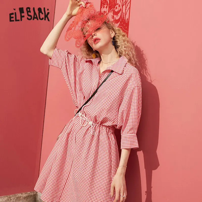 ELFSACK Red Plaid Elastic Drawstring Casual Preppy Dress Women 2020 Spring Green Pure Batwing Sleeve Korean Ladies Daily Dresses | Женская