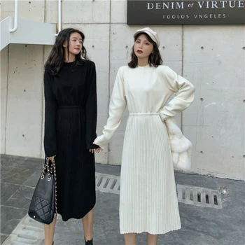 

Women Autumn Winter Round Collar Thick Long Sweater Dresses Long Sleeve Knitted Pleated Dresses Drawstring High Waist Jumper