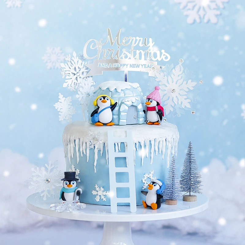 Верхняя шапка Зимний пингвин торт-Снежинка Топпер для детского душа розовый синий рождественские вечерние украшения для выпечки Десерт принадлежности ребенок Любовь Подарки