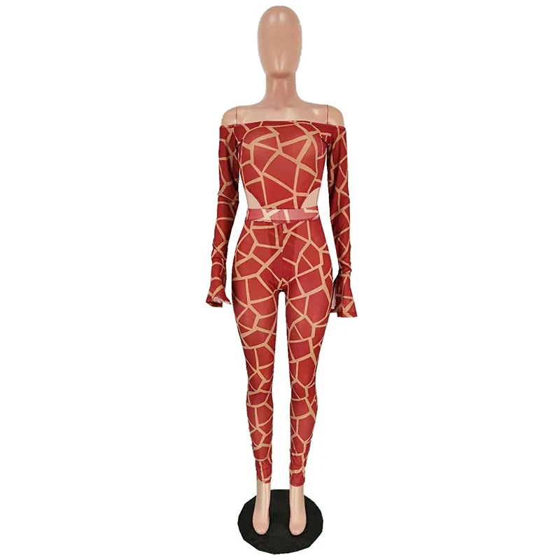 Комплект из двух предметов с прозрачным сетчатым клетчатым принтом; женская праздничная одежда с открытыми плечами; боди с расклешенными рукавами+ брюки-карандаш; пикантная Клубная одежда