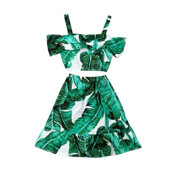 

Fashion Girls Summer Clothes Printed Big Leaves Sling Tops T-shirt +Long Dress Toddler Kids Baby Girl Summer Outfits Set 1-5Y