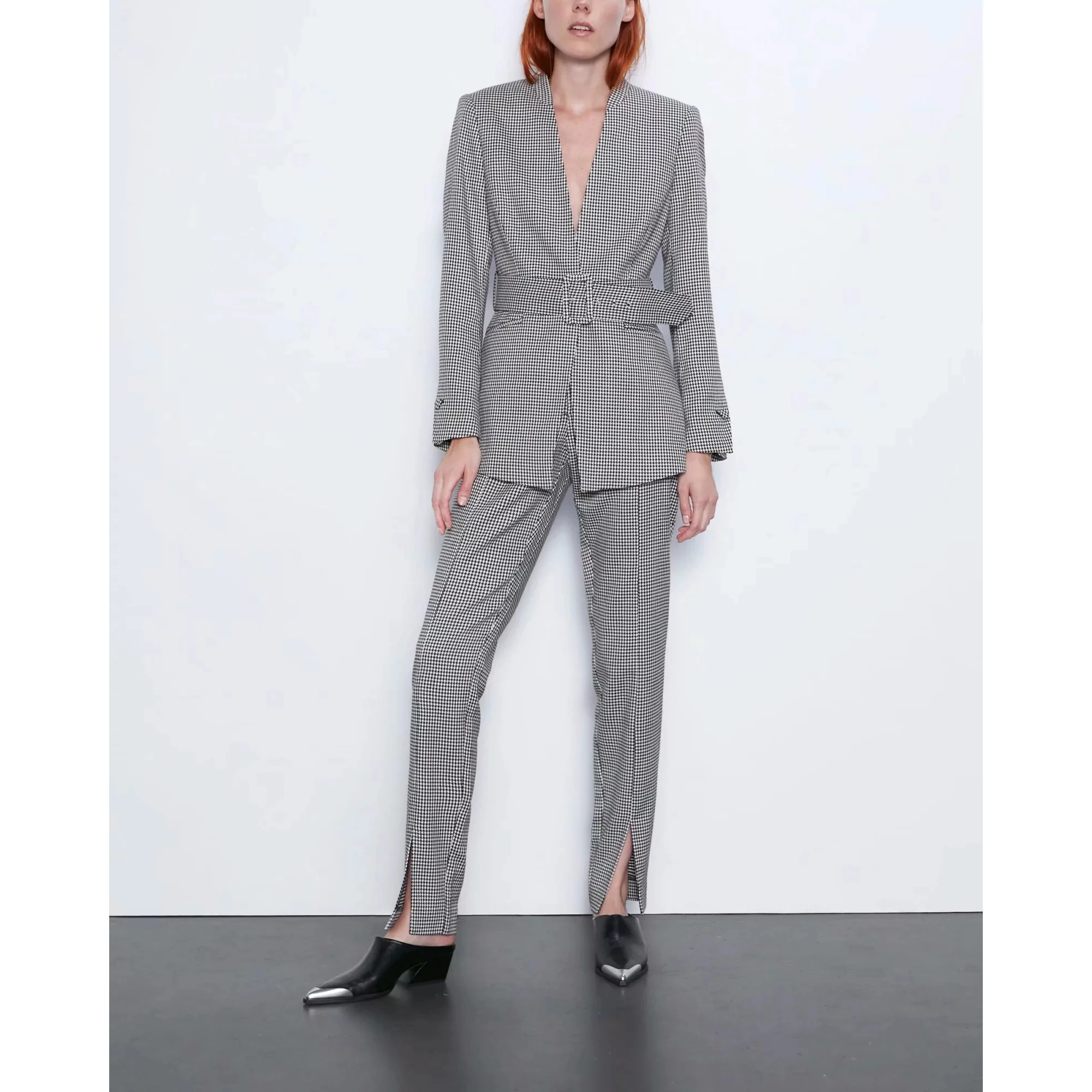 coat and pants Повседневные клетчатые костюмы для женщин блейзер-комплект пояс полный рукав Топ и расклешенные брюки стильный офисный женский пиджак женские костюмы - Color: coat and pants