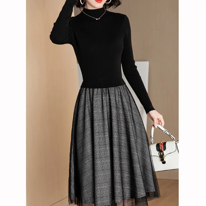 

2020 Europe And America New Style Mock Two-Piece Knitted Sweater Women's Slim Fit Joint Mid-length A- line Mesh Dress