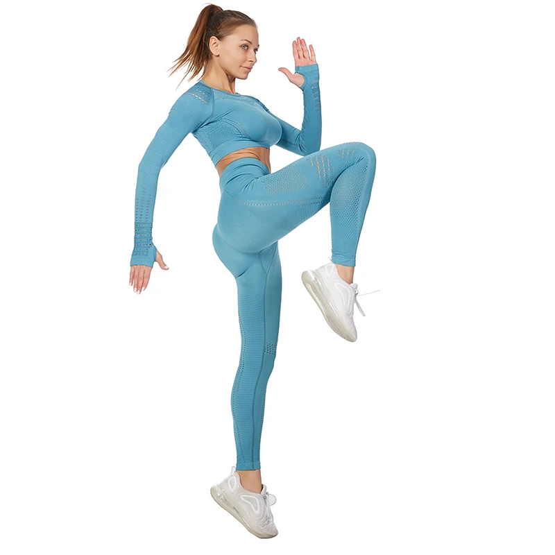 Vital Women Sport Suit Yoga Set Gym Workout Clothes Long Sleeve Fitness Crop Top + High Waist Energy Seamless Leggings