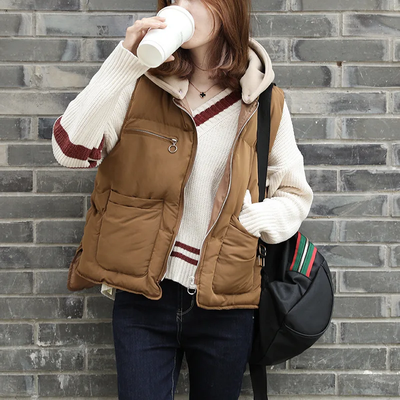 

European Cotton Coat Padded Jacket Vest Woman Short Loose Joint Hooded Jacket Hort Women's Brown Outerwear Bestselling GG50yf