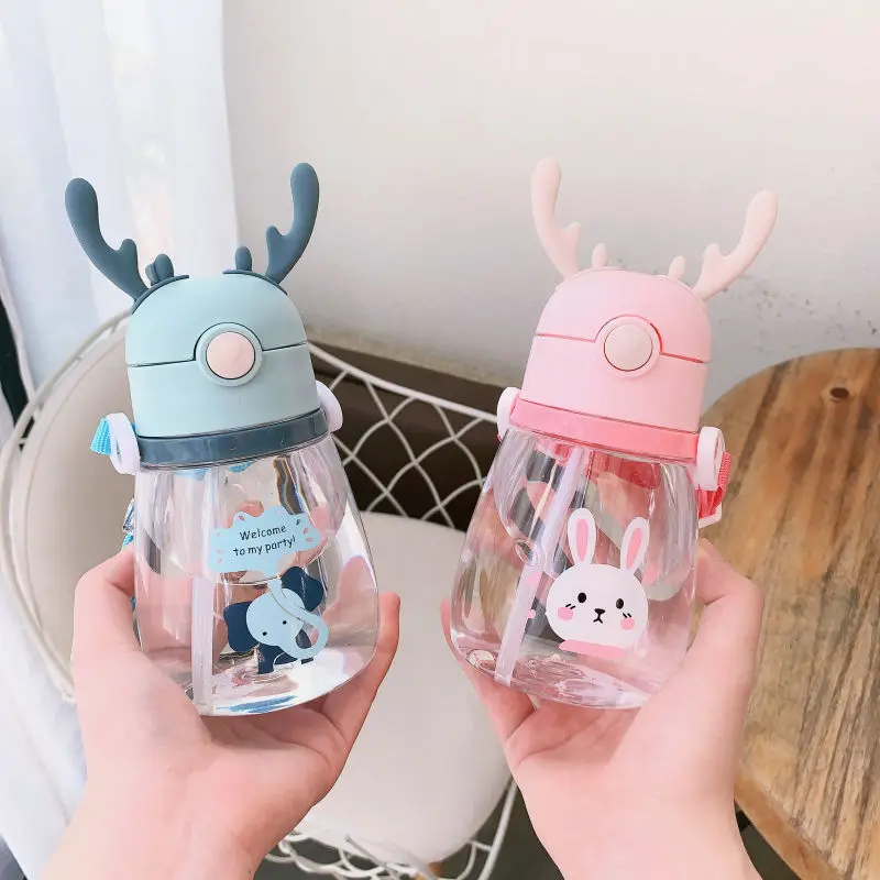 Kawaii Water Bottle Portable Cute Deer Cup With Straw Leak-proof Drinking Bottle for Girl Boy Students Kids