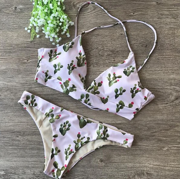 

sexy New Women Swimwear Padded push up Swimsuit Bandage bandeau Beachwear cactus print Bathing suit low waist Bikini Set biquini