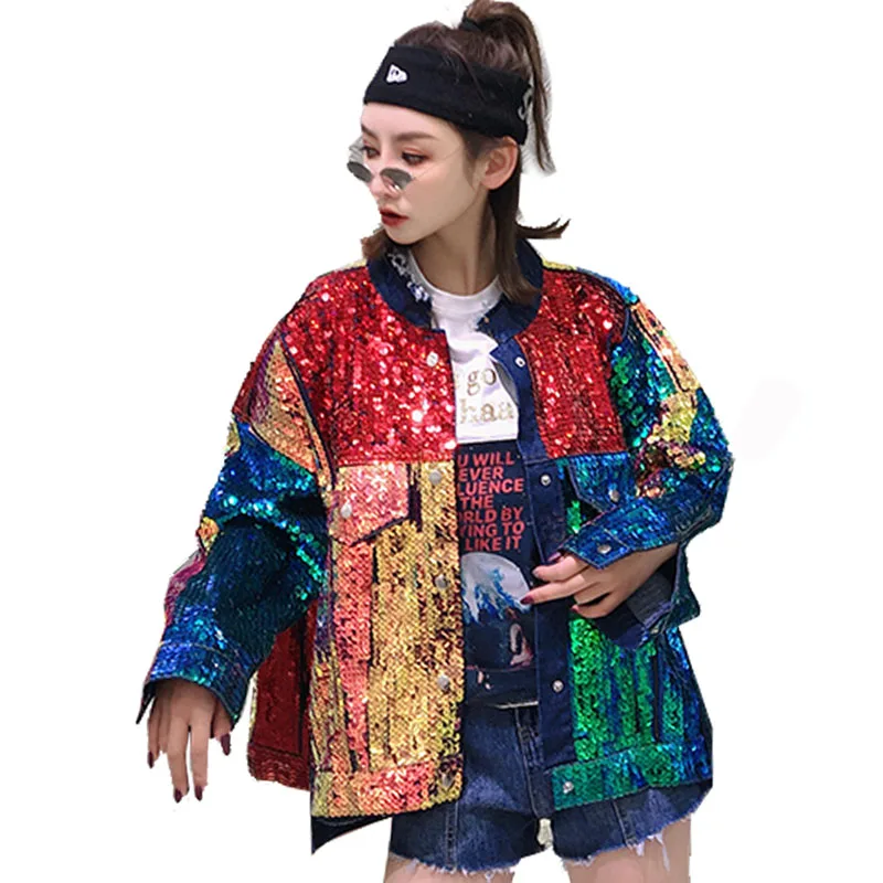 QING MO, цветная куртка с блестками, женская джинсовая куртка в стиле пэчворк, Женская свободная ковбойская куртка, весеннее пальто в стиле хип-хоп, лидер продаж, ZLDM065