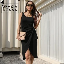 

GRAZIA DONNA 2022 Summer Tank Dress Solid Wrap Dress with Slit Sleeveless Casual Lace Up Black Short Dress for Women Clothing