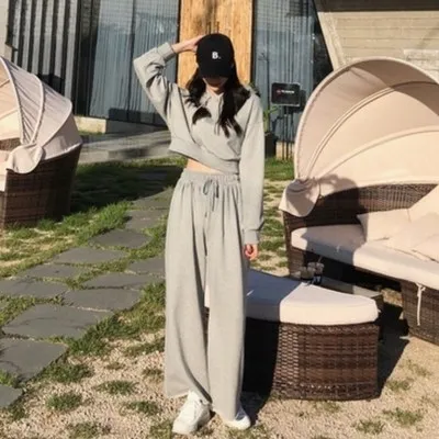 

355 (6535 Cotton) High-waisted Loose Pants Fashion Goddess Short Hoodie Two-Piece Set