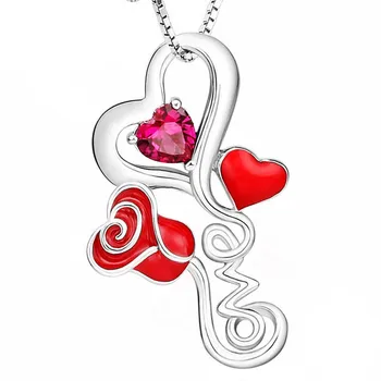 

XiaoJing 925 Sterling Silver red Heart Blossom Rose Flower Pendant chain necklace fashion jewelry Valentine's Day gifts for girl