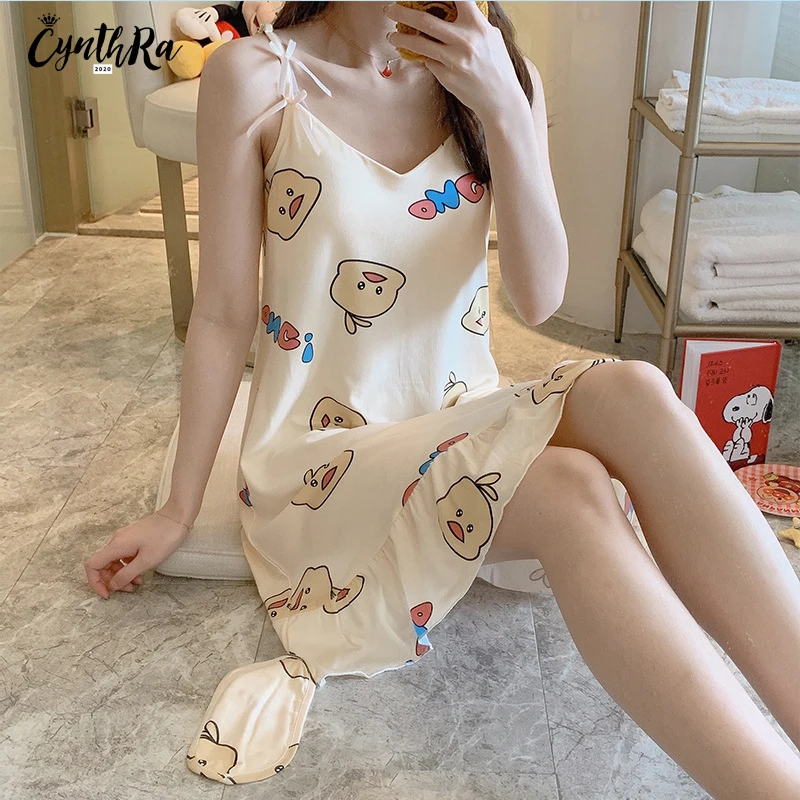 CYNTHRA Top Ladies Nightdress With Chest Pad Suspender Skirt Female V-neck Cartoon Mid-Long Homeclothes For Women Free Eye Mask