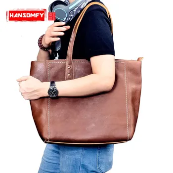 

Unisex Genuine Leather Cross Section Tote Bag Retro Leather Men Handbag Shoulder Bag Computer Laptop Bags Vintage Soft