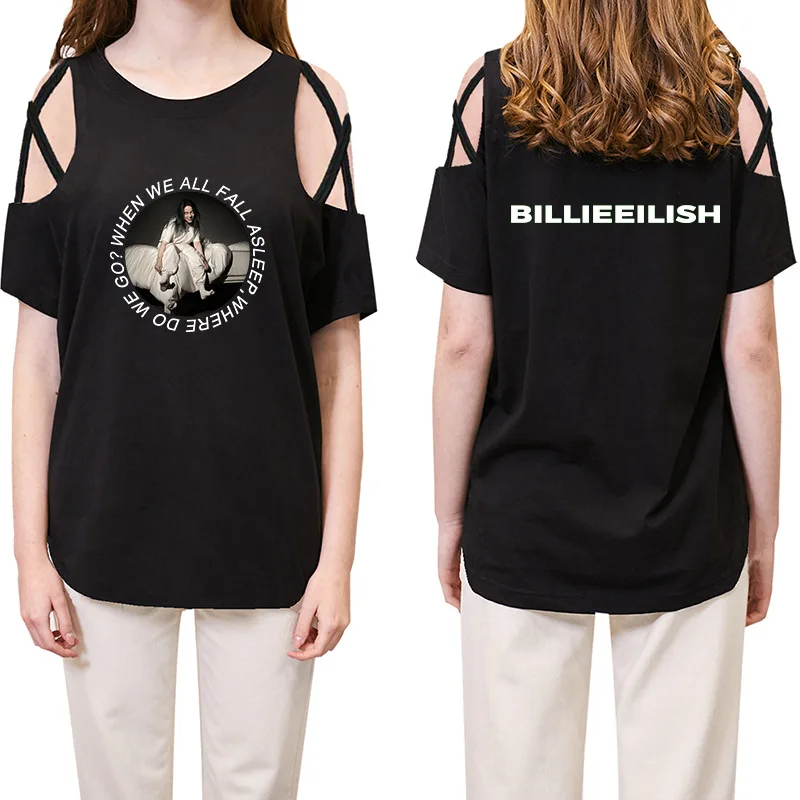 

2020 Billie Eilish Printed Off Shoulder Women's T-Shirts Summer Casual Tee Shirt Femme Short Sleeve O-neck Harajuku T Shirt Tops