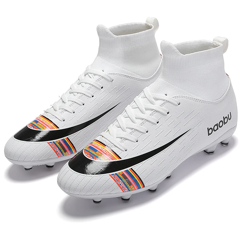 Домашние высокие мужские футбольные бутсы для мальчиков футбольные бутсы длинные шипы тренировочные футбольные бутсы спортивные кроссовки размер 35-45 - Цвет: White