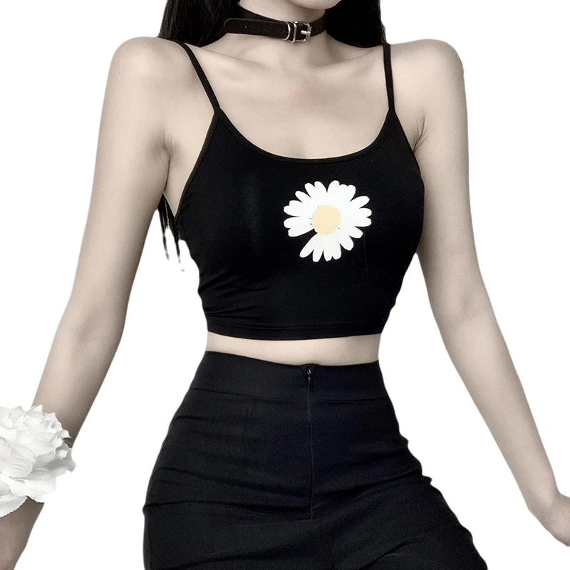 Stars same model with open navel suspender sleeveless shirt cotton girl casual little daisy print summer sexy trendy short
