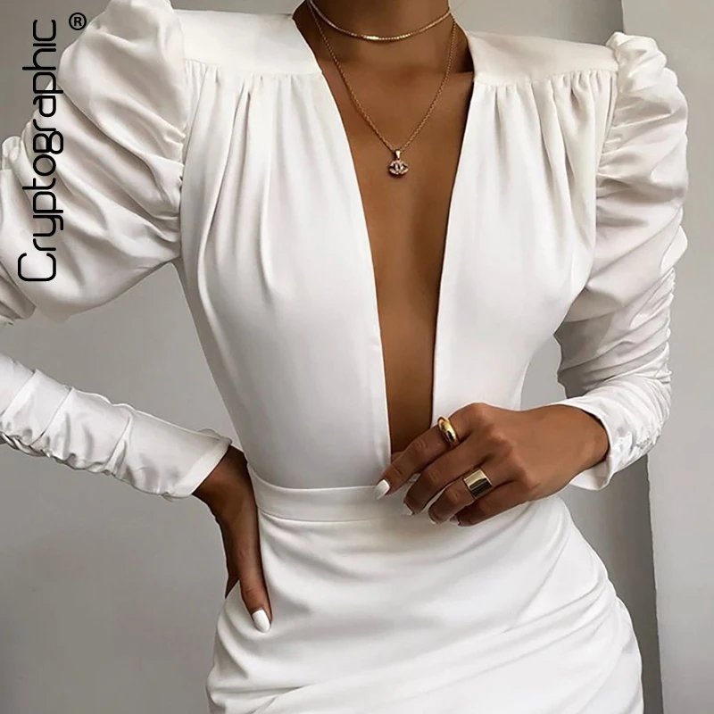 

Cryptographic Sexy Deep V Women's Mini Dresses Ruched Long Sleeve Asymmetrical Hem White Dress Fashion Fall Ladies Party Dresses