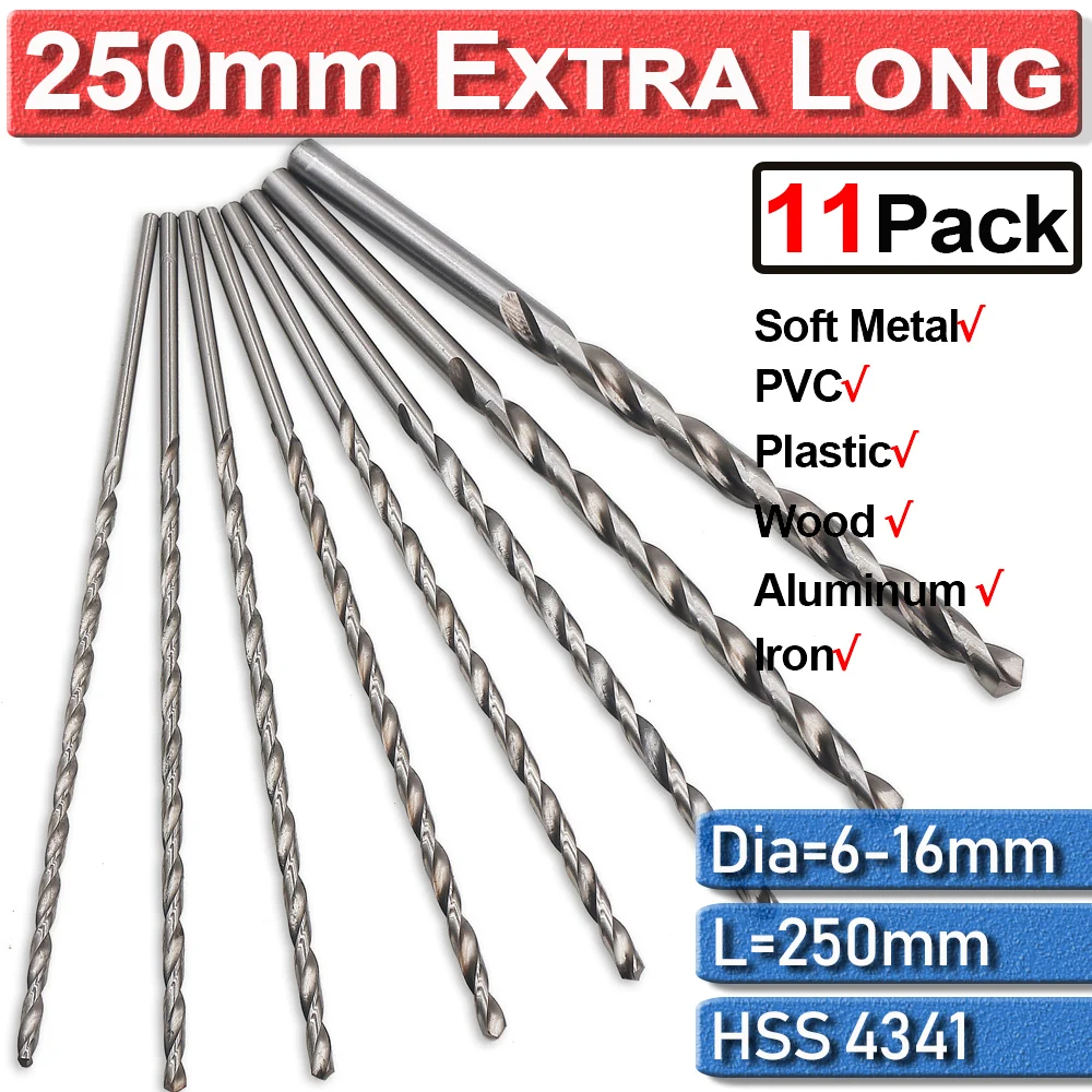 11Pcs 250mm 6mm-16mm HSS Twist Drill Bits Extra Long High Speed Steel Woodworking Drill Bits For Metal Wood Plastic Tools D30