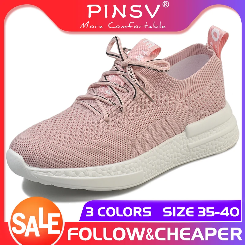 

PINSV 2019 Autumn Flyknit White Running Shoes Casual Women Sneakers Breathable Women Trainers Shoes Women Vulcanized Shoes