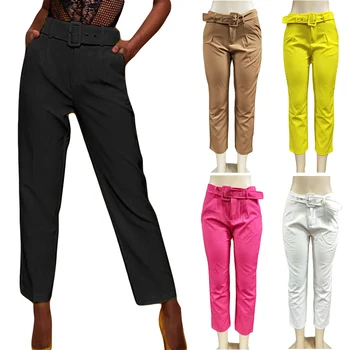 

Ladies Solid Color Trouser Sashes Ankle-Length Pants High Waist Straight Pants CLSYH0031