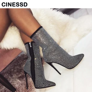

Luxury rhinestone pointed toe high-heeled ankle boots black sexy women short martin booties party shoes big size 35-42