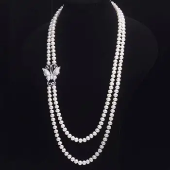 

Jewelry Free Shipping butterfly Double row AA7-8mm white natural freshwater necklace inlay zircon